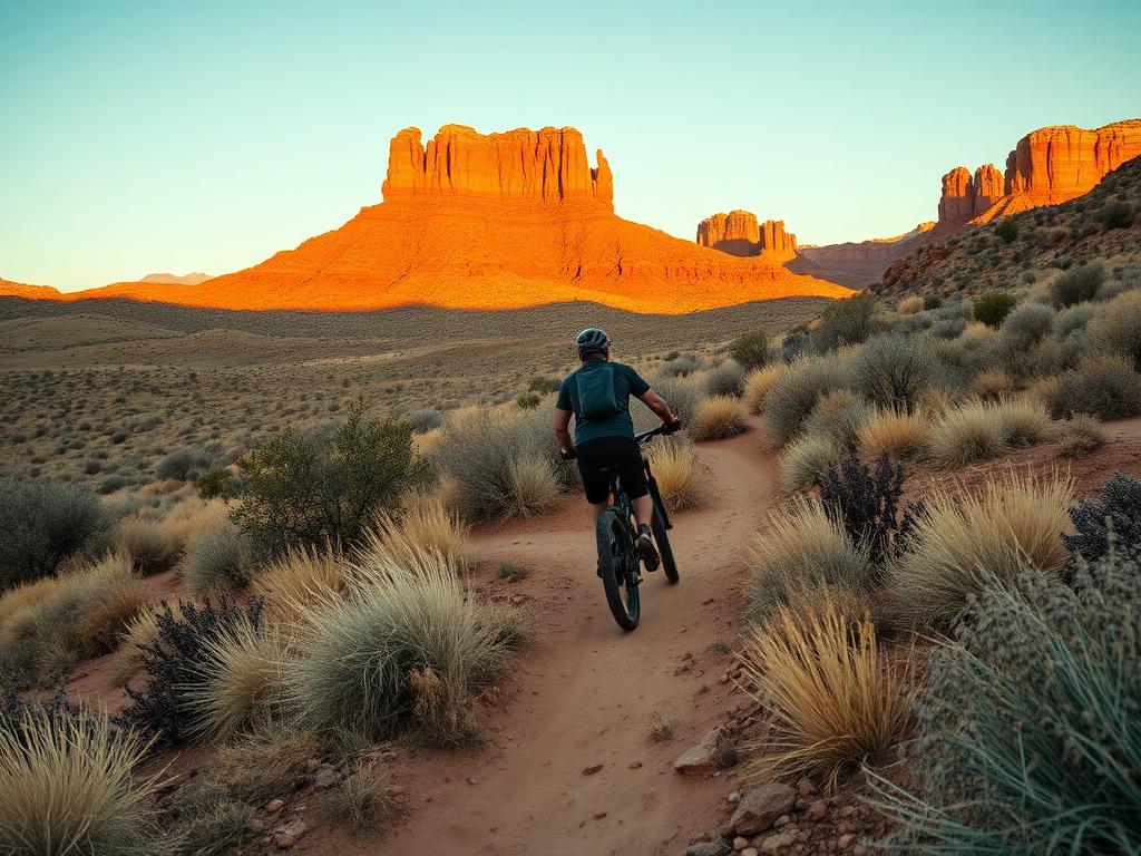 Mountain biker on flowy singletrack trail in Fruita desert